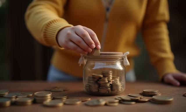 Persona usando una alcancía con monedas para artículo de ahorro